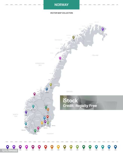 Norwegian Keymap Norway Map With Location Pointer Marks Infographic Vector Template ...