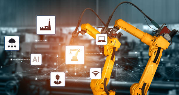 istock Smart industry robot arms for digital factory production technology 1275786872