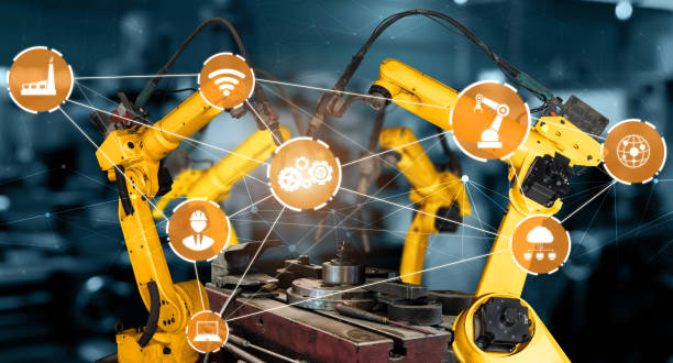 istock Smart industry robot arms for digital factory production technology 1275786873