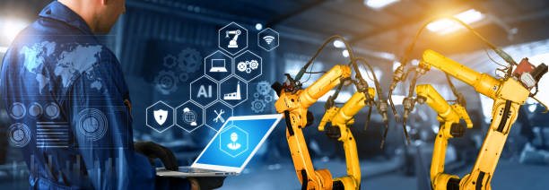 istock Smart industry robot arms for digital factory production technology 1275786890