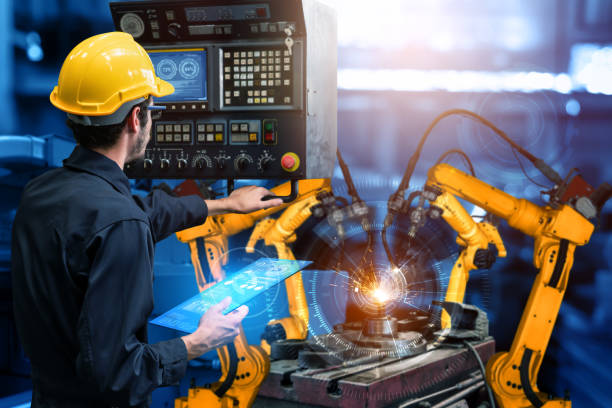 istock Smart industry robot arms for digital factory production technology 1275786901