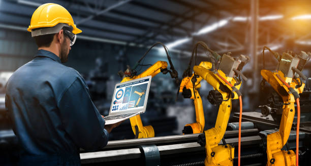 brazos robóticos de la industria inteligente para la tecnología de producción de fábricas digitales - industria fotografías e imágenes de stock