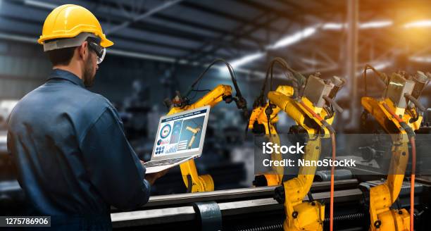 Smart Industry Robot Arms For Digital Factory Production Technology Stock Photo - Download Image Now