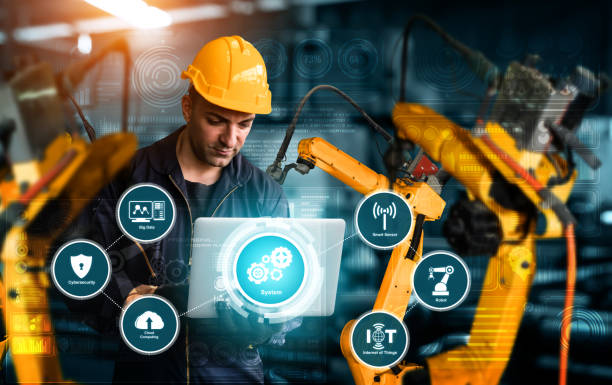 istock Smart industry robot arms for digital factory production technology 1275786909