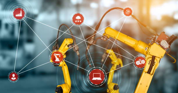 istock Smart industry robot arms for digital factory production technology 1275786941