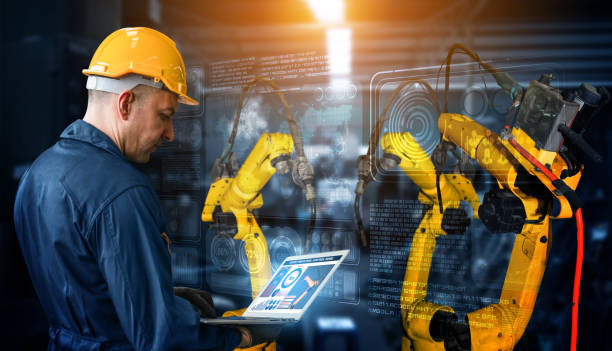 istock Smart industry robot arms for digital factory production technology 1275786956