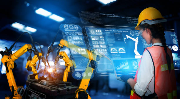 istock Smart industry robot arms for digital factory production technology 1275786974