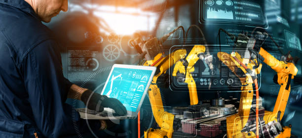 istock Smart industry robot arms for digital factory production technology 1275786986