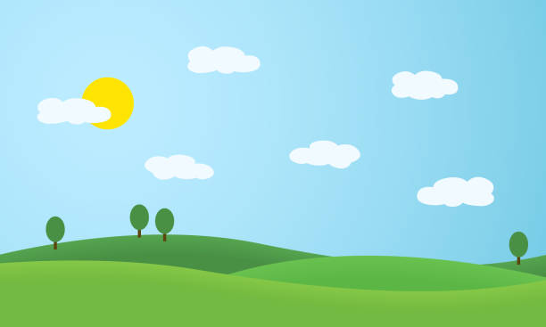 illustrations, cliparts, dessins animés et icônes de illustration plate de conception du paysage avec des prairies et des collines. arbres verts sous le ciel bleu avec le soleil et les nuages blancs - vecteur - environment sky grass nature