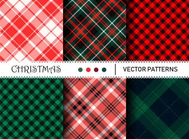Vector illustration of Seamless vector plaid patterns. Set of Christmas tartan gingham patterns. Collection of happy new year traditional backgrounds. For packaging, fabric, textile, cover etc.