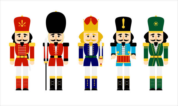 Vector illustration collection set Christmas nutcracker toy soldier traditional figurine isolated on white background Vector illustration collection set Christmas nutcracker toy soldier traditional figurine isolated on white background toy soldier stock illustrations