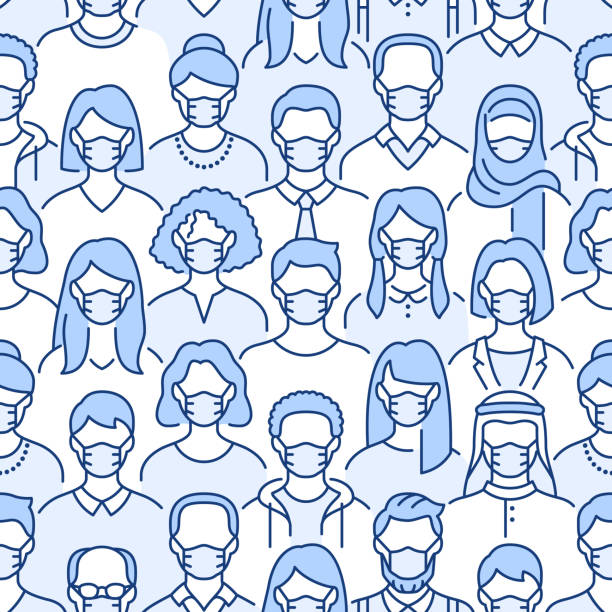 Crowd of people in face masks seamless pattern. Coronavirus prevention vector background with diverse men, woman line icons in medical respirators, virus protection. Blue white color illustration Crowd of people in face masks seamless pattern. Coronavirus prevention vector background with diverse men, woman line icons in medical respirators, virus protection. Blue white color illustration. crowd of people backgrounds stock illustrations