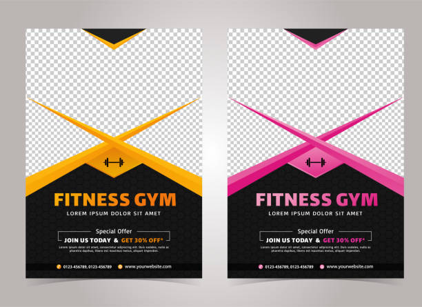 Yellow and Pink color Fitness body building and gym flyer A4 size template with Black Background Yellow and Pink color fitness Gym body building flyer A4 size template with Black Background ready to print. modern magazine layout stock illustrations