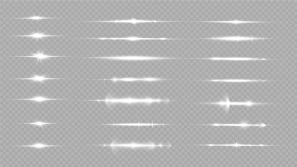 ilustrações, clipart, desenhos animados e ícones de conjunto de sinalizadores de lente horizontais brancas. raios laser, feixes de luz horizontais. lumine o conjunto de vetores transparentes de efeitos de luz, explosão, glitter, faísca, erupção solar. - energy exploding laser abstract