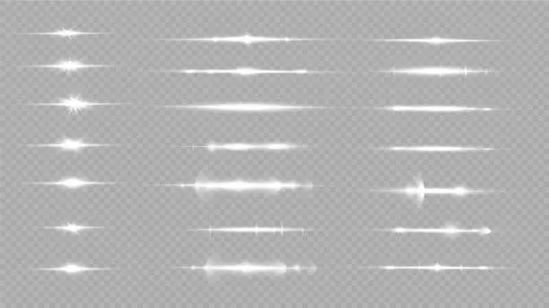 Vector illustration of Set of white horizontal lens flares. Laser beams, horizontal light beams. Glow transparent vector set of light effects, explosion, glitter, spark, solar flare.