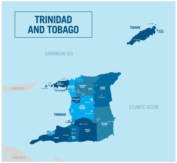 Trinidad and Tobago, country, island political map. Detailed vector illustration with isolated provinces, departments, regions, states, islands and cities, easy to ungroup. Trinidad and Tobago, country, island political map. Detailed vector illustration with isolated provinces, departments, regions, states, islands and cities, easy to ungroup. tobago cays stock illustrations