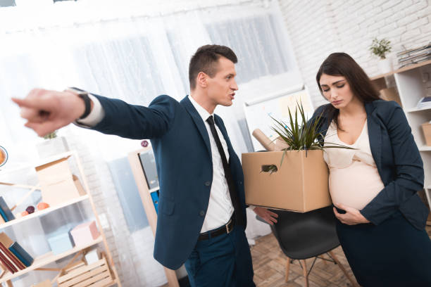 Angry chief screams and fired upset pregnant girl. stock photo