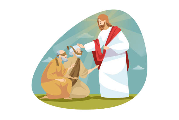 Religion, bible, christianity concept Religion, bible, christianity concept. Jesus Christson of God biblical character makes miraculous healing of blindness. Messiah takes vision to blind people back by touching him. Divine help and blessing. help blind people stock illustrations