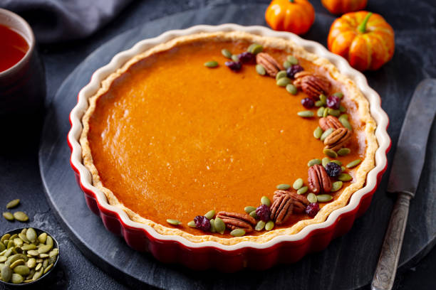 istock Pumpkin pie, tart in baking dish. Black background. Close up. Copy space. 1275798658