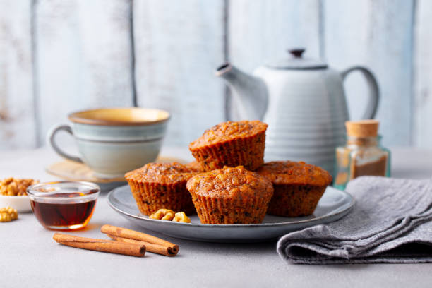istock Carrot muffins, cakes with cup of tea. Grey background. 1275798879