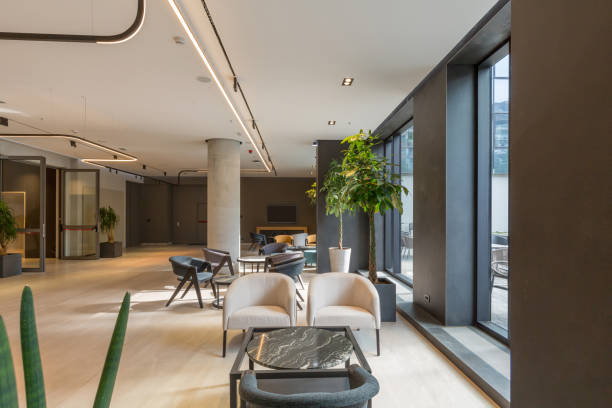 istock Interior of a empty modern hotel lounge cafe 1275799485