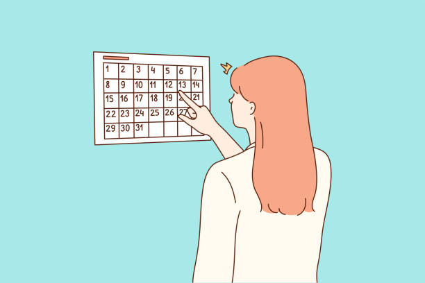 Examination, pregnancy, checkup concept Examination, pregnancy, checkup concept. Young worried woman girl cartoon character checking looking at calendar for pregnant terms or menstruation periods. Waiting for holidays vacations illustration wall calendar stock illustrations