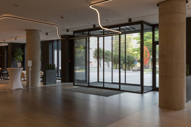 istock Hotel entrance interior, glass automatic sliding doors 1275800291