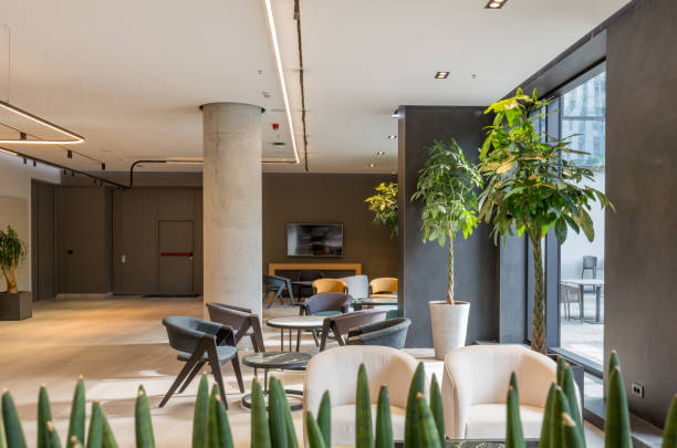 istock Interior of an empty hotel lobby 1275800389