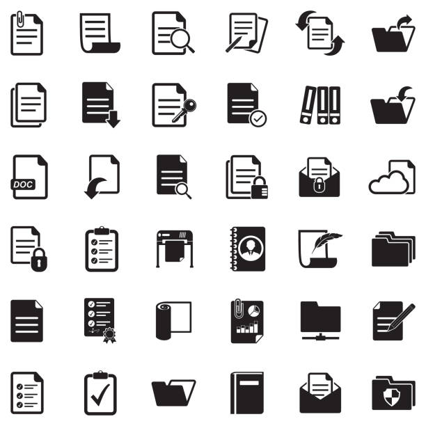 Documents Icons. Black Flat Design. Vector Illustration. File, Folder, Paper black notebook stock illustrations