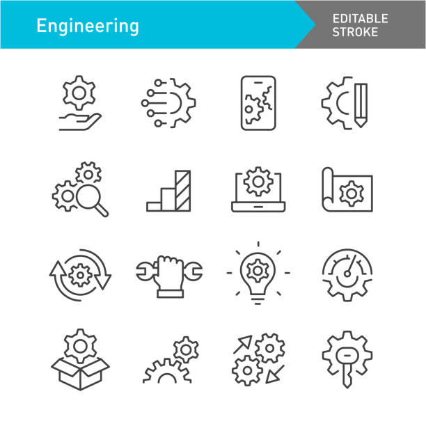 ilustraciones, imágenes clip art, dibujos animados e iconos de stock de conjunto de iconos de ingeniería - serie de líneas - trazo editable - drawing compass machine part engineering plan