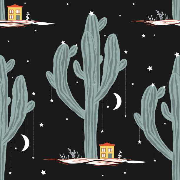 ilustraciones, imágenes clip art, dibujos animados e iconos de stock de patrón vectorial sin costuras con cactus de saguaro alto y casitas. paisaje de hadas mexicano, impresión para tarjetas o textil - southwest usa frame mexican culture pattern