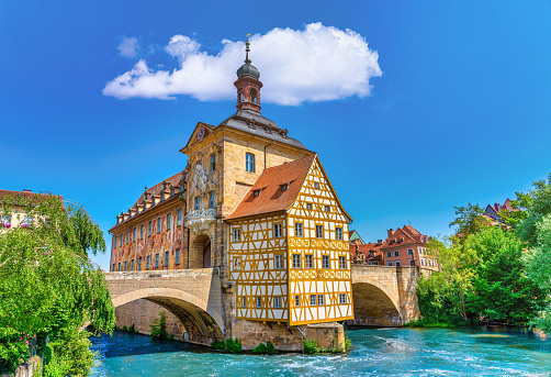 Panoramic view of the old town hall above the river Regnitz in the historic old town of Bamberg