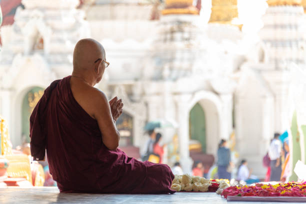 미얀마 버마 양곤의 슈다곤 탑에서 기도하는 수도사 - 라마승 뉴스 사진 이미지