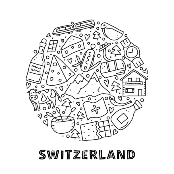 Doodle Switzerland travel icons in circle. Doodle outline Switzerland travel icons including cheese, chocolate, cable car, train, cow, Alpine mountains, house chalet, fondue, alphorn, wine, milk, etc composed in circle shape. alpenhorn stock illustrations