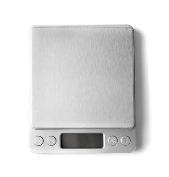 Small empty electronic jewelry scales isolated top view. Digital kitchen weight mockup, cooking scale with copy space