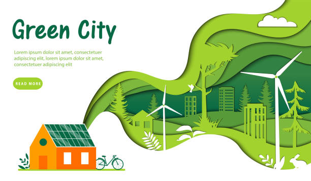 urban green city konzept. riesige grüne welle mit grüner stadt und natur im inneren, die mit dem haus verbunden ist, mit sonnenkollektoren, die auf dem dach angebracht sind. flat style vector illustration auf weißem hintergrund - solar flat panel stock-grafiken, -clipart, -cartoons und -symbole