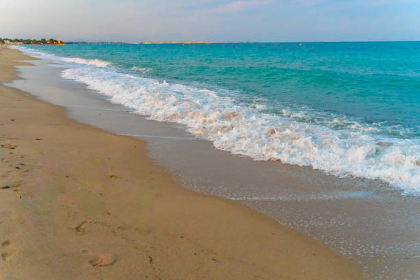 istock Beautiful sunset on a sandy beach with blue water 1275815592
