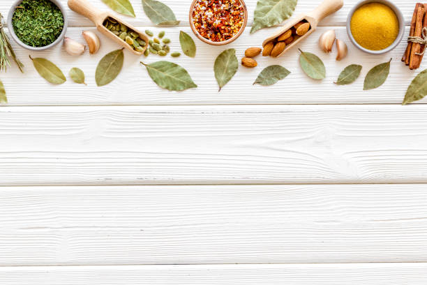istock Powder spices in wooden spoons on a kitchen table 1275817194