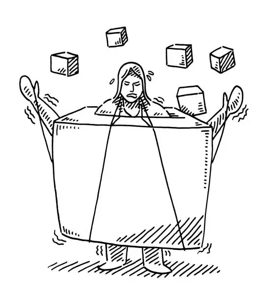 Vector illustration of Burden Of Life Woman Cube Concept Drawing