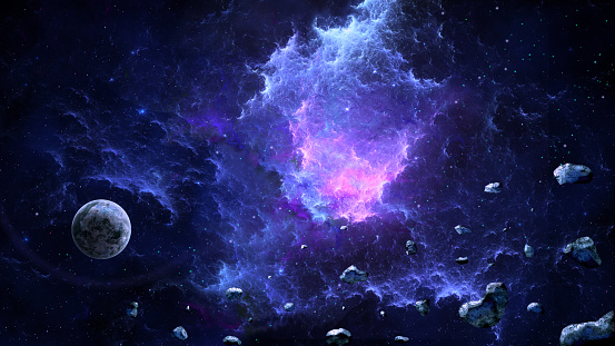 Fondo espacial. Colorida nebulosa fractal con planeta y asteroide photo