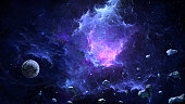 Space background. Colorful fractal nebula with planet and asteroid