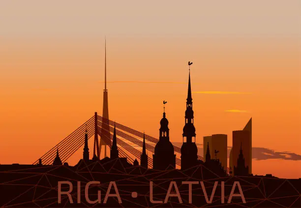 Vector illustration of Riga Old Town Skyline during sunset time