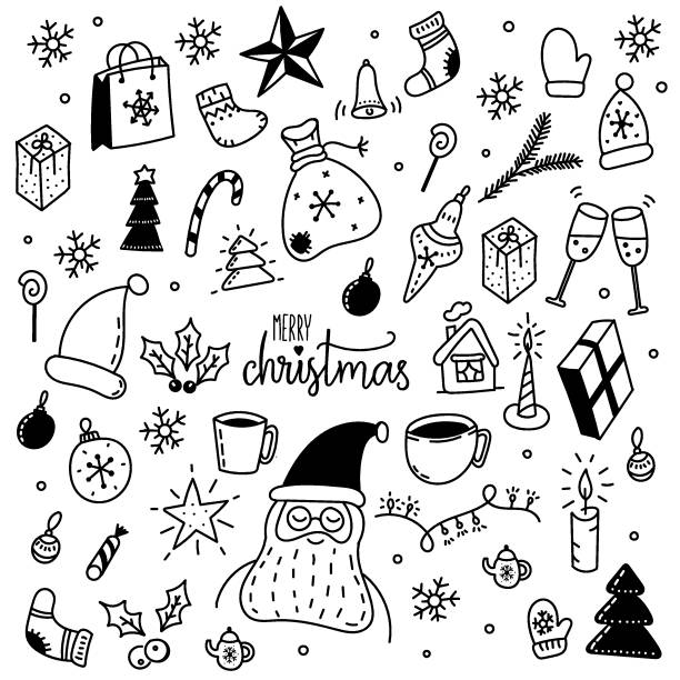 istock Hand drawn Set of Christmas design elements. Cup with hot drink, Santa, hat, sock, present, candle with light. Isolated on white background 1275821655