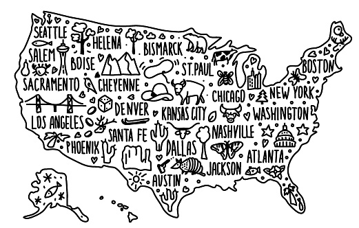 doodle hand drawn cartoon USA map. detailed reliable map with cities, state capitals and famous cities. Symbols of each state, known associations. cartoon landmarks, tourist attractions cliparts. travel, trip comic infographic poster, banner concept design. Vector illustration