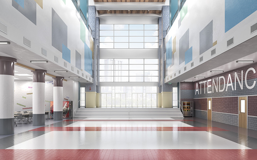 School entrance with high ceiling lobby. 3d illustration