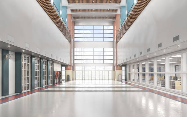 istock School entrance with high ceiling lobby. 3d illustration 1275822188