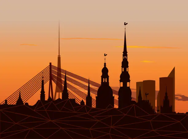 Vector illustration of Riga Old Town Skyline during sunset time