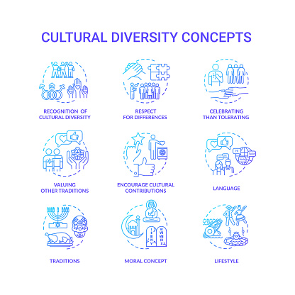 Cultural diversity blue gradient concept icons set. Respect for different nationality. Multi ethnic equality in group idea thin line RGB color illustrations. Vector isolated outline drawings