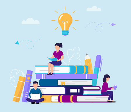 Cartoon Vector Illustration Of Group Of People Reading And Studying While Sitting On Big Books. Flat Style Characters With Books And Computer Gaining Knowledge Surrounded With Pen, Pencil, Big Lamp.