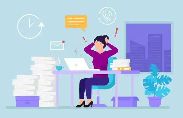 Vector illustration of Businesswoman In Modern Office Surrounding Overloaded With Work. Clock, Window, Flower On Background. Vector Concept Illustration Of Hard Working Business Employee Character Sitting At Table Tired